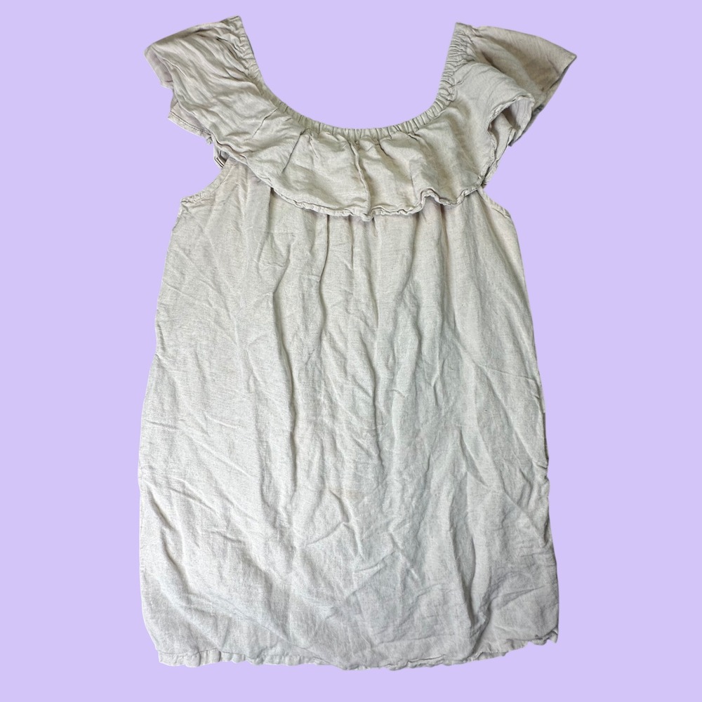 Tommy Bahama Linen Ruffle Shift Dress Pockets Coastal Beige  Boho  Cottagecore L